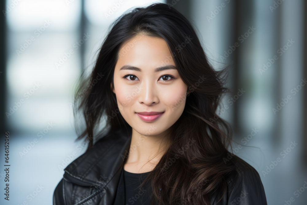 Woman wearing black jacket strikes pose for photograph. This image can be used for various purposes, such as fashion magazines, photography blogs, or social media profiles. Woman wearing black jacket strikes pose for photograph. This image can be used for various purposes, such as fashion magazines, photography blogs, or social media profiles.