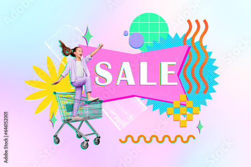 Creative exclusive collage of young funky schoolgirl raise fist up riding kid trolley hypermarket sale isolated on gradient background