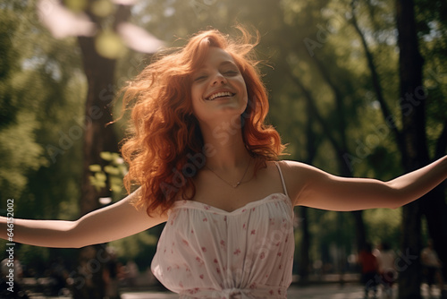 Woman with vibrant red hair is smiling and joyfully holding her arms out. This picture captures her positive and confident energy, making it suitable for various uses.