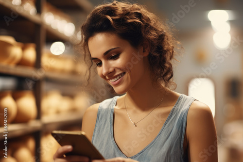 Woman in bakery is seen looking at her cell phone. This image can be used to depict modern technology usage in everyday life.