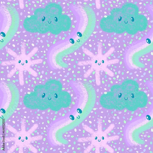 Cartoon sun and rainbow and clouds seamless doodle pattern for wrapping paper and fabrics and kids clothes print