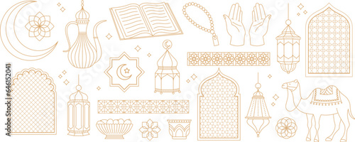 Arabic muslim element gold line. East arch, holiday ornate elements design. Vintage arab decorative frames, islam logo racy vector collection