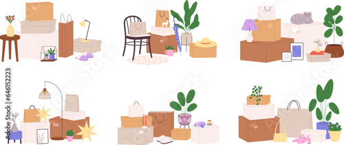 Cardboard boxes with things. Household storage, opening parcel after moving. Stuff packaging, house goods and furniture racy vector compositions