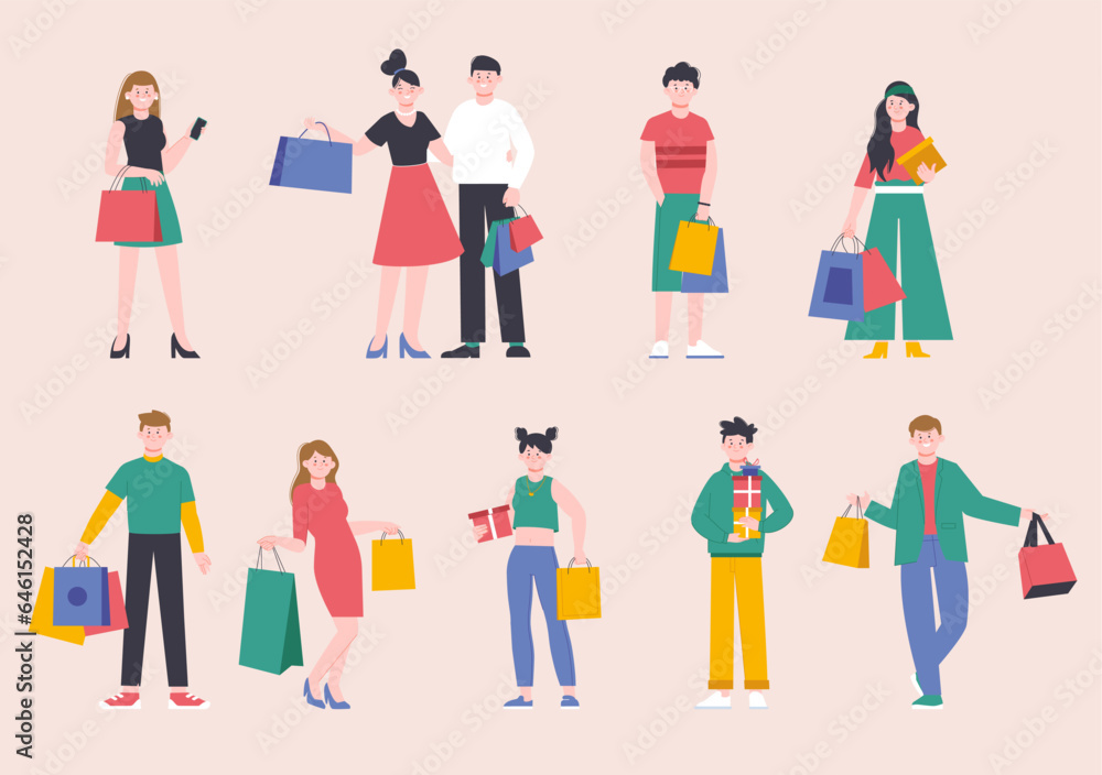 Enjoy shopping characters, friends in shop or store with bags and boxes. Teenagers hold gift, customers on sale season. Retail splendid vector set