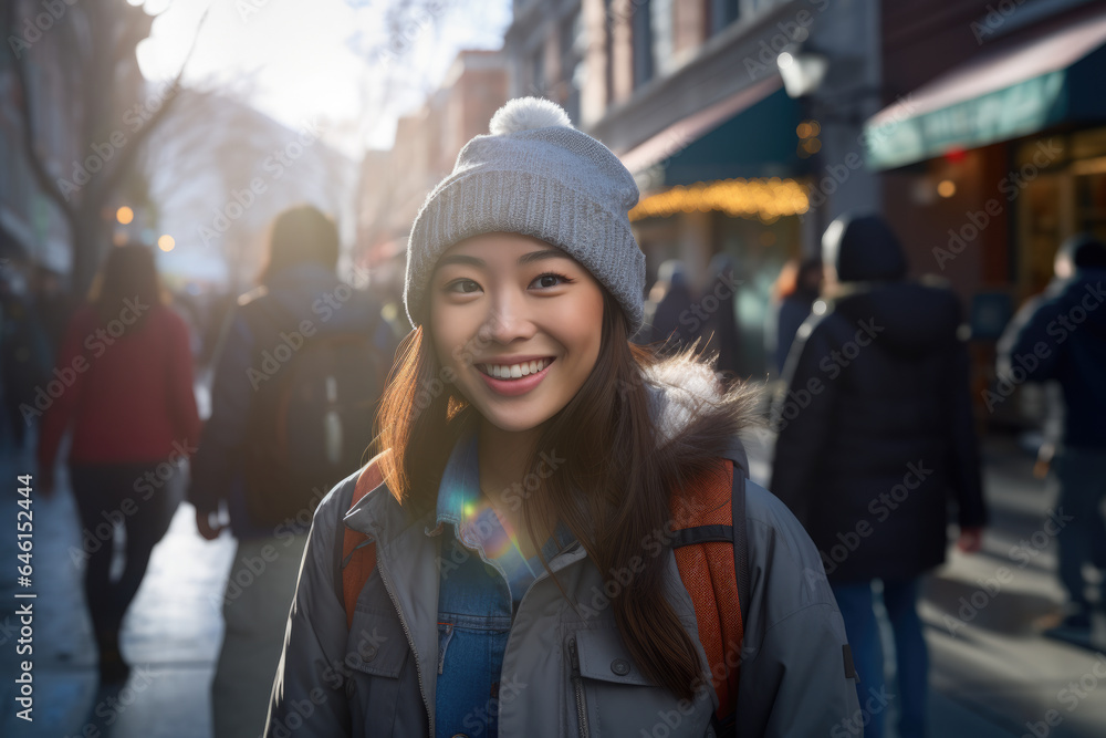 Woman is pictured wearing hat and jacket on city street. This image can be used to depict fashion, urban lifestyle, or stylish city dweller. Woman is pictured wearing hat and jacket on city street. This image can be used to depict fashion, urban lifestyle, or stylish city dweller.