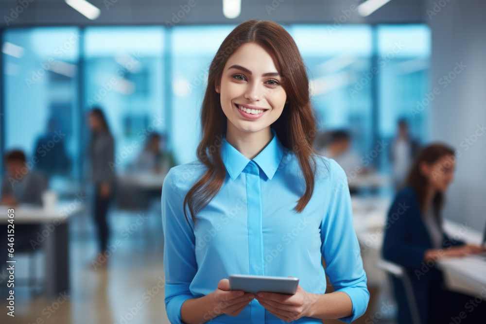 Woman in blue shirt holding tablet. This image can be used to illustrate technology, communication, or business concepts.