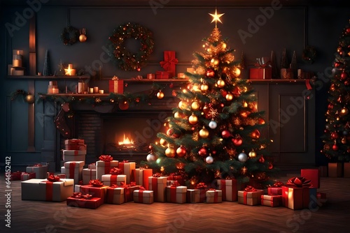 interior christmas. magic glowing tree, fireplace, gifts in dark photo