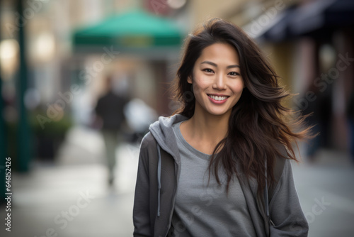 Woman in gray hoodie smiling at camera. Suitable for various uses.