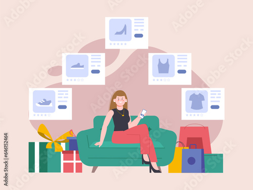Girl shopping online, connected with digital boutique or shop. Female shopaholic, seasonal sale time. Funny young woman buy, splendid vector concept