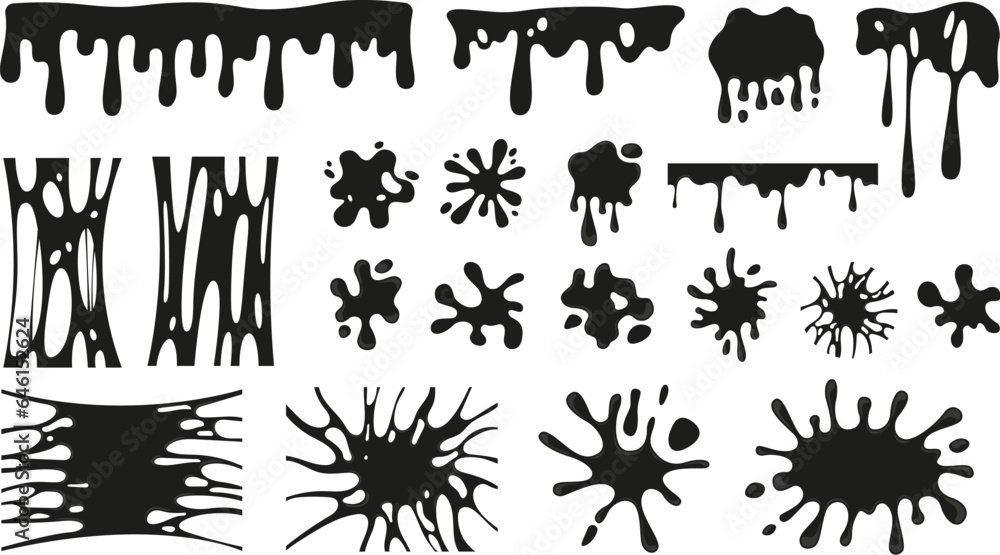 Splashes, blobs and slime puddles. Liquid elements, ink blob and drips. Dripping elements, black oil melting or water silhouettes vector clipart Splashes, blobs and slime puddles. Liquid elements, ink blob and drips. Dripping elements, black oil melting or water silhouettes vector clipart