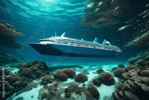 Sunken large ocean liner on ocean floor