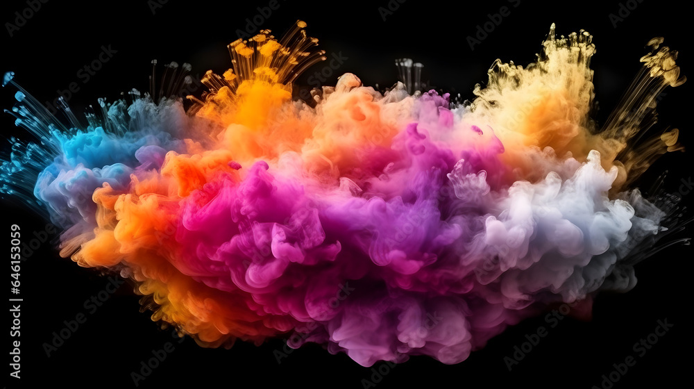 Fototapeta premium Set against a pitch-black canvas, a burst of vibrant aqua and colorful smoke unfurls, creating a mesmerizing dance of vivid colors and intricate patterns that captivate the senses, generative ai