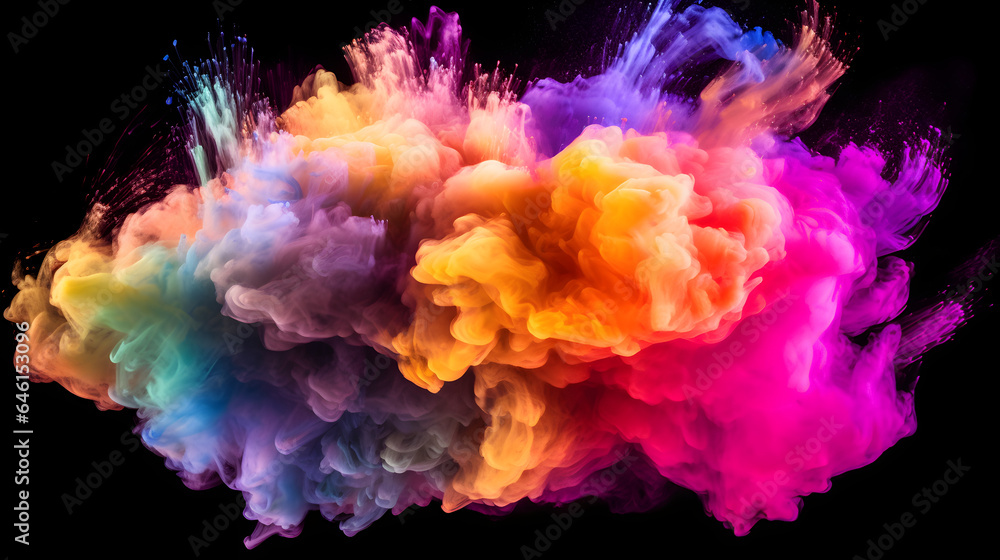 Set against a pitch-black canvas, a burst of vibrant aqua and colorful smoke unfurls, creating a mesmerizing dance of vivid colors and intricate patterns that captivate the senses, generative ai Set against a pitch-black canvas, a burst of vibrant aqua and colorful smoke unfurls, creating a mesmerizing dance of vivid colors and intricate patterns that captivate the senses, generative ai