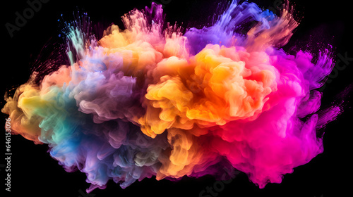 Set against a pitch-black canvas, a burst of vibrant aqua and colorful smoke unfurls, creating a mesmerizing dance of vivid colors and intricate patterns that captivate the senses, generative ai © Marc