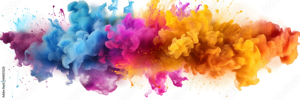 Colorful Smoke Dust Explosion: A Fiery Burst of Vibrant Colors and Dynamic Energy separated on white background, brilliant smoke clouds on white background, generative ai