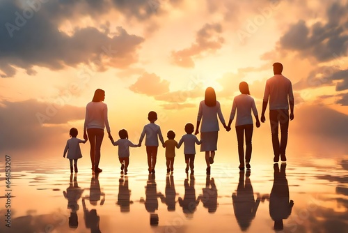 Happy large family: mother, father, children son and daughters on sunset