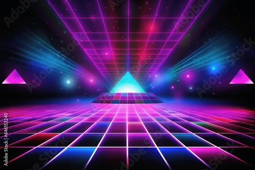 80s disco and neon light background in 3D.