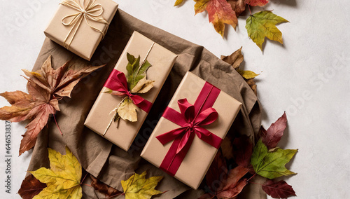 Beautiful autumn leaves and presents