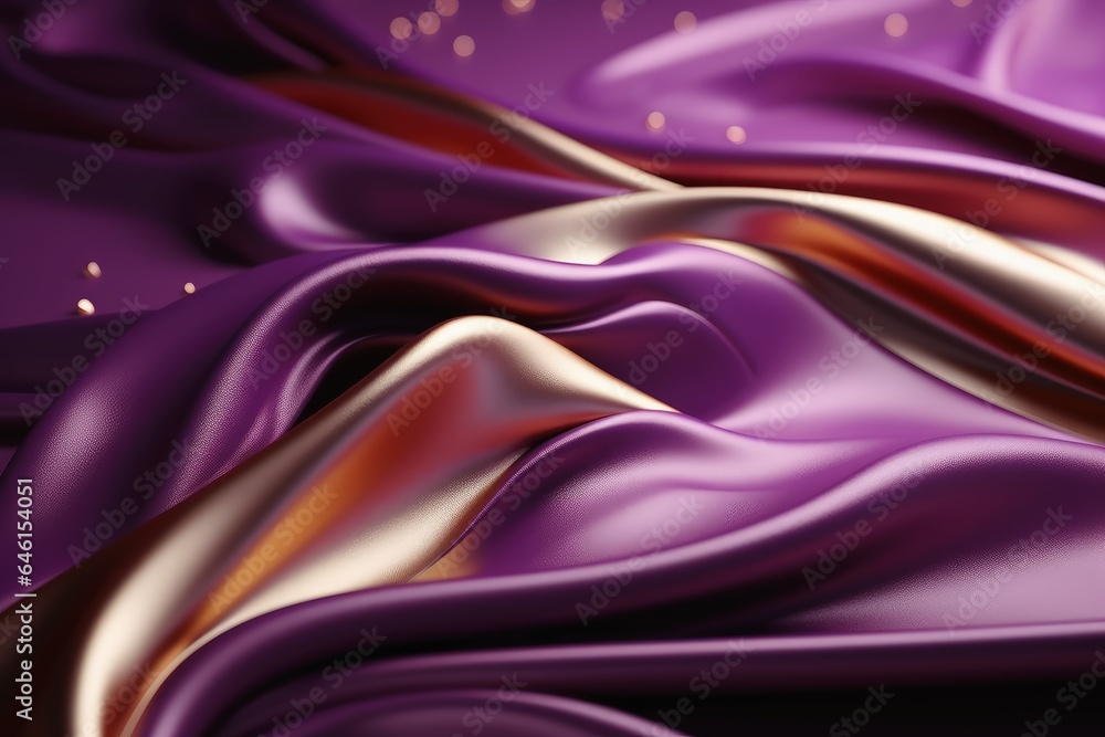 A wavy 3D fabric background with gold and purple floral applications. A wavy 3D fabric background with gold and purple floral applications.