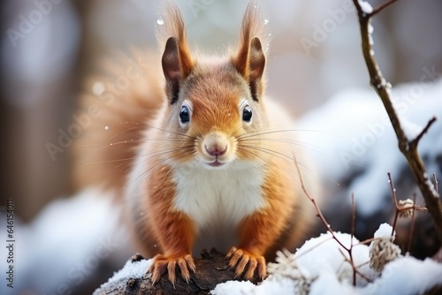 Cute red squirrel eats a nut in winter scene with nice blurred forest in the background © Enigma