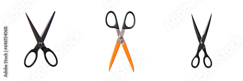 Png Set transparent background with clipping path Closeup Tailor and office worker tools Orange and black handle Open scissors