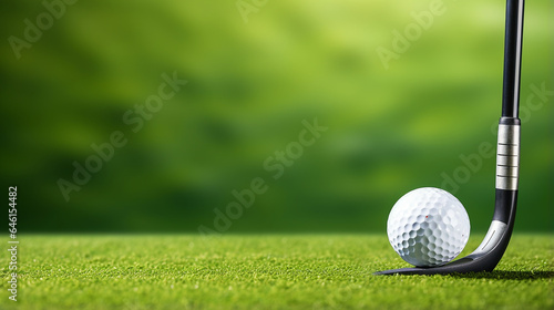 Golf club and golf ball on green grass with bokeh background