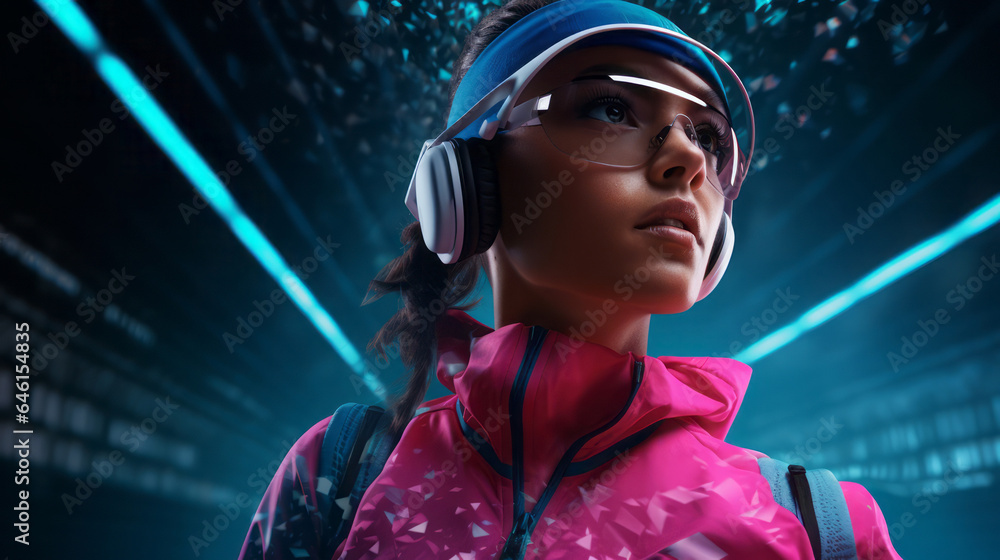 An elegant young fashion enthusiast, with headphones in her ears, enjoys music and dancing under the cyber-neon lights. The concept of modern living and enjoyment An elegant young fashion enthusiast, with headphones in her ears, enjoys music and dancing under the cyber-neon lights. The concept of modern living and enjoyment