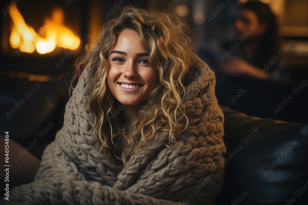 A happy woman in winter sits by the fireplace, heating the house A happy woman in winter sits by the fireplace, heating the house