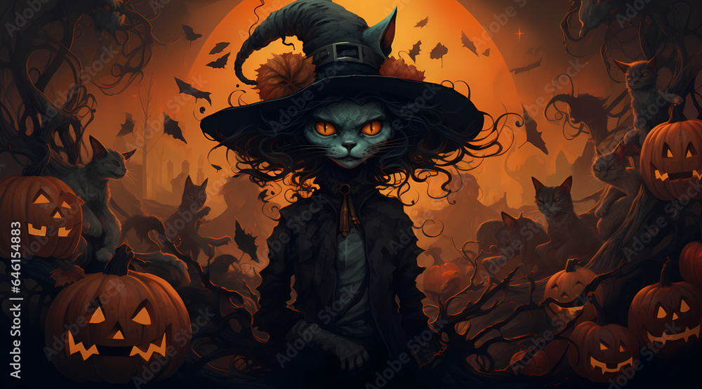 halloween cat witch background with pumpkin halloween cat witch background with pumpkin