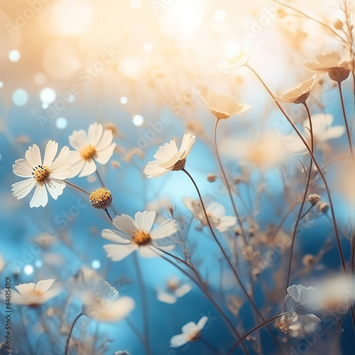 Wild daisies border in a field with sunlight copy space. Soft colors  floating  ambient music  blurred colors  soft light  relaxing etheral image.Beautiful floral pastel background no text  no writing