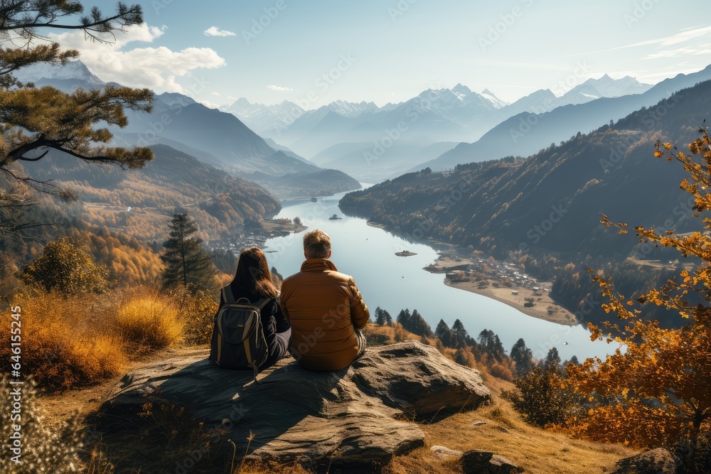 Fototapeta premium Senior couple traveling and gazing an amazing landscape