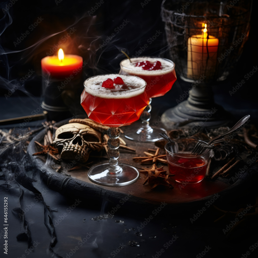 Two vintage glasses with a red poisonous drink stand on a wooden plate with a burning candle and a skeleton skull on the table in a dark room, side view close-up.