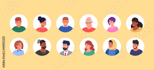 User portraits frames. Multicultural people head with aged and young faces for employee profile or person avatar, isolated different userpic man woman character vector illustration