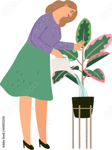Cartoon vector botanical concept. Houseplant care, woman with watering can for flowers. Room gardening hobby, moistening of foliage. Caring for home plants