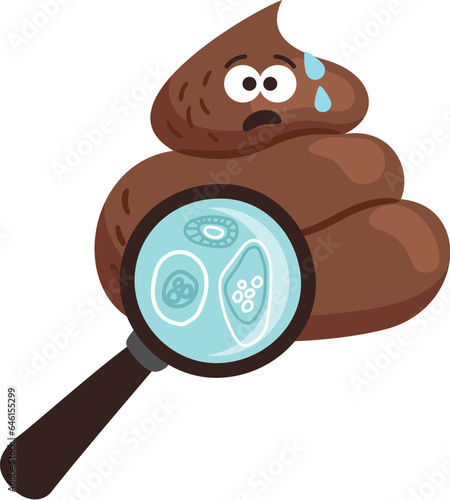 Cartoon vector illustration with cute turd and loupe. The poop character being observed with a magnifying glass