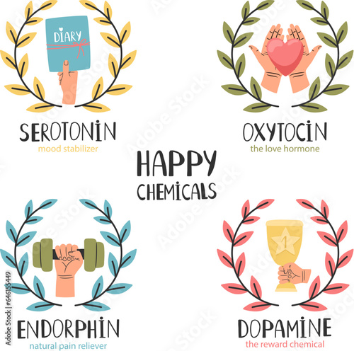 Hormone health icon. Oxytocin serotonin endorphin dopamine. Hormones colorful vector illustration. Mood stabilizer, love hormone, reward chemical, pain reliever photo