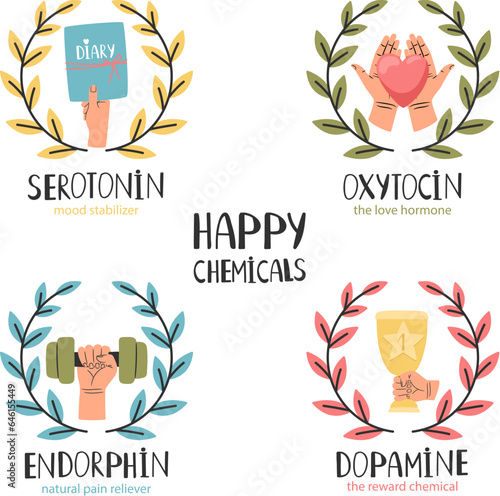 Hormone health icon. Oxytocin serotonin endorphin dopamine. Hormones colorful vector illustration. Mood stabilizer, love hormone, reward chemical, pain reliever