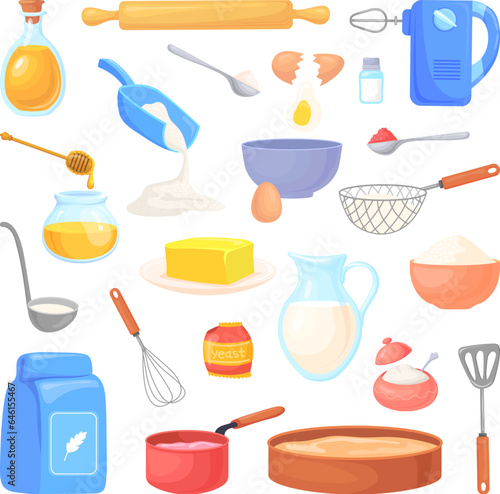 Cartoon baking supplies. Bakery ingredients and kitchen accessories, kitchenware baker equipment for cooking homemade confectionery cake dessert, mixer flour vector illustration