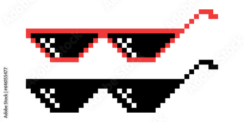 Vector Pixel Boss Glasses Icon Set in 8 bit Retro Style. Summer Meme Game Thug Design, Mafia Gangster Funky Sunglasses. Rap Music Design Element