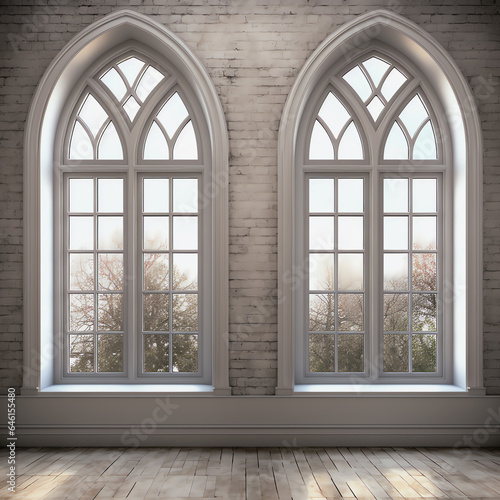 White Interior Gothic Windows Daytime View of Trees  Wood Floor  Brick Wall 