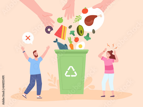 Food waste leftovers. Bad attitude to environment and foods wastage problem concept, hands throw organic trash from plate in bin container, separated garbage vector illustration