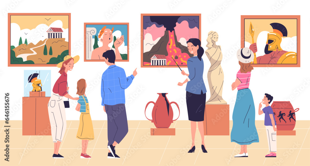 Family in museum. People tourists with children looking ancient monuments, statue exhibit or painting art gallery exhibition, guide excursion tour group classy vector illustration