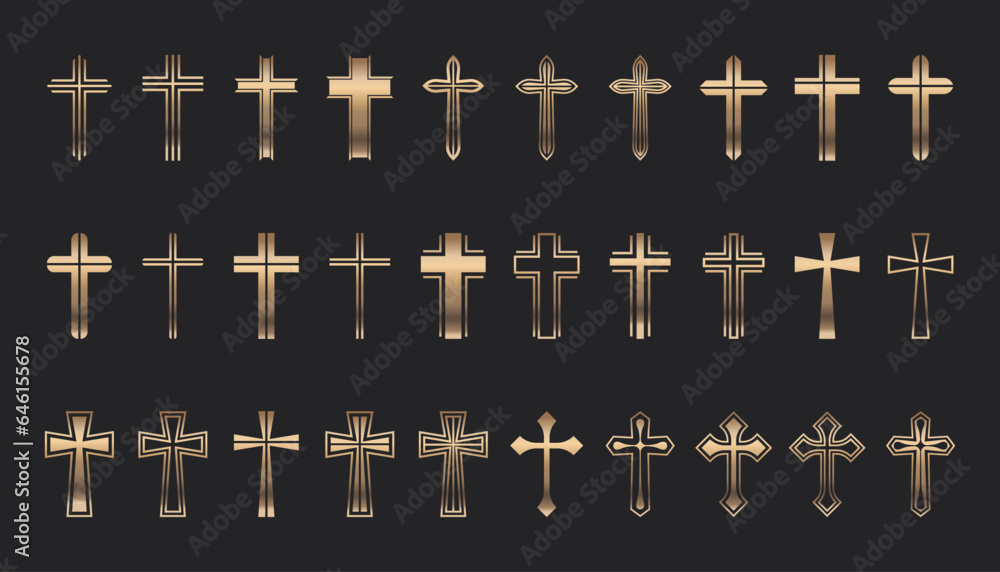 Flat Vector Golden Christian Cross Icons Set. Line Silhouette Cut Out Christian Crosses Collection Flat Vector Golden Christian Cross Icons Set. Line Silhouette Cut Out Christian Crosses Collection