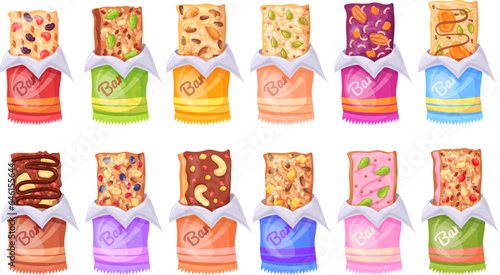 Granola bars. Cereal bar slow carbohydrates, muesli protein sport snacks with nuts oats cereal in package sugar fruit dessert natural nutrition oat cookie, neat vector illustration