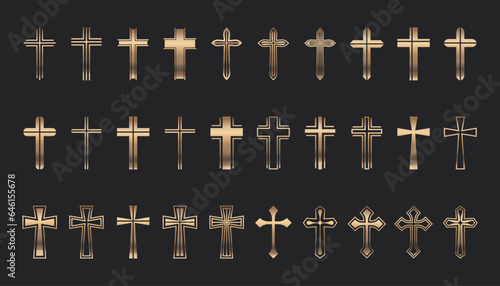 Flat Vector Golden Christian Cross Icons Set. Line Silhouette Cut Out Christian Crosses Collection