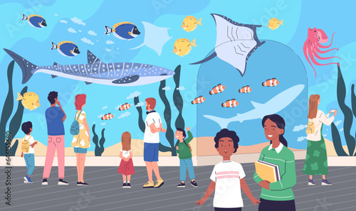 People in aquarium. Family visit oceanarium, children looking variety underwater sea fish, kid watch shark behind glass, marine animal zoo museum concept classy vector illustration