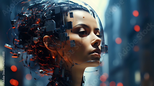 the head of a beautiful young woman is connected to innovative technology  alien education technologies in the future