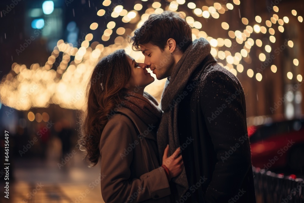 Fototapeta premium Young couple kissing under bright Christmas lights on New Year's Eve