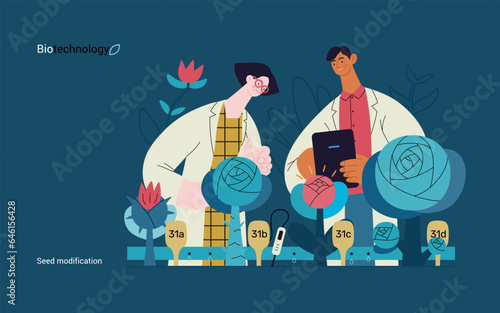Bio Technology, Seed Modification -modern flat vector concept illustration of scientists analysing genetic modificated variants of a plant. Metaphor of direct impact of GMO on vegetation