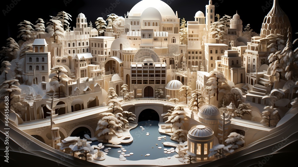 3D papercut art-like artistic depiction of a cityscape (Generative AI)